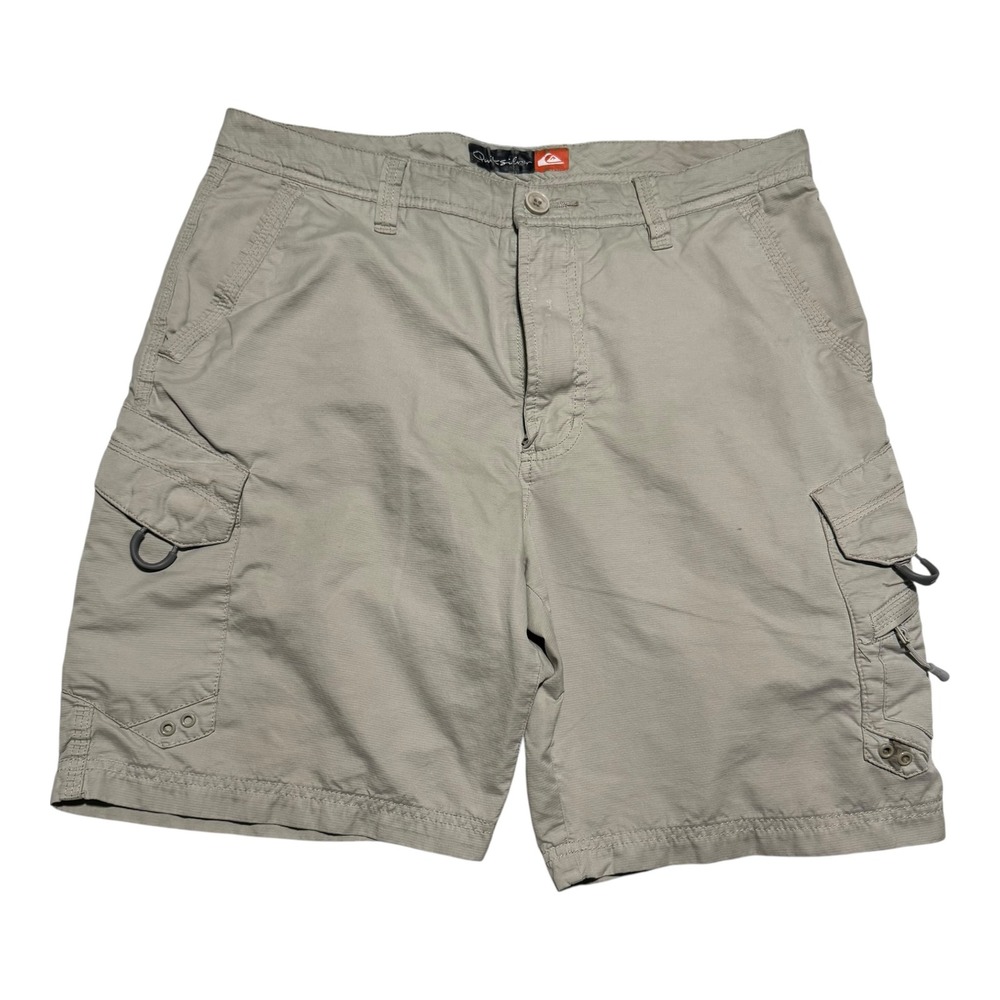 Y2K 2000s Quiksilver Tan/Khaki Polyester Blend Shorts Men's 32 FLAWS